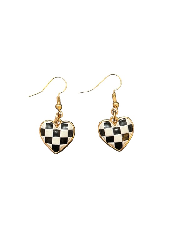 Hand Crafted Jewelry - Hand Crafted Gold Heart Checkerboard Earrings - Black & White